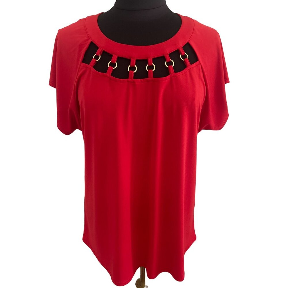 Cure Womens Red Top with Silver Ring Accents Short Sleeves, Size Medium
